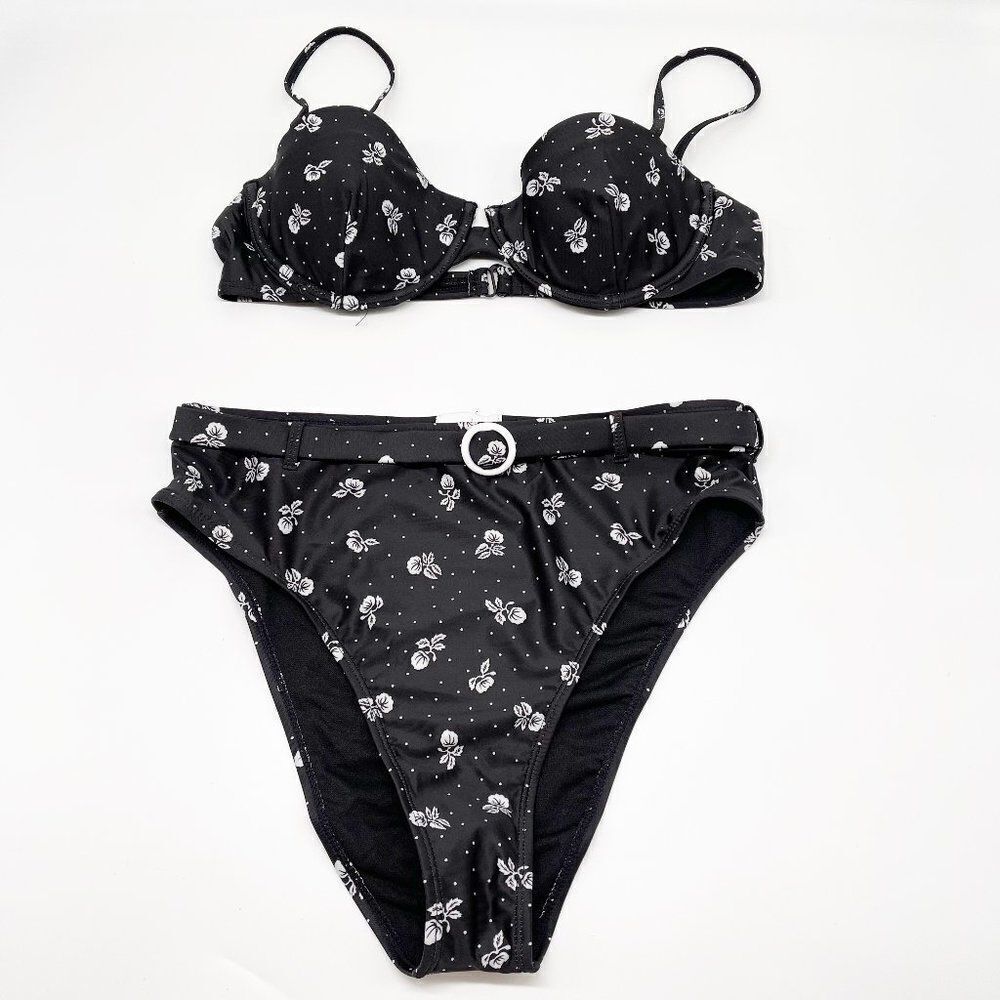 Onia Black Polka Dot Floral High Waist Bikini Set L NWT
